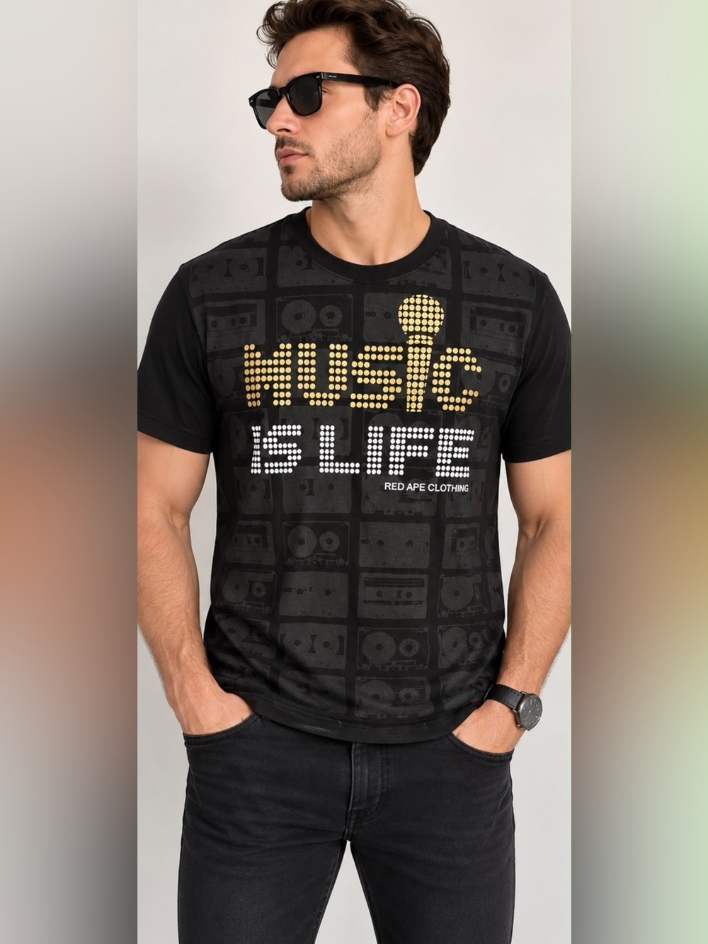 Red Ape Music Is Life Graphic T-Shirt Men’s M Y2K Cassette Streetwear